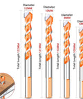 Triangular Tungsten Steel Drill Bit Featuring A Threaded Shank To Knock Out Clean Holes Through Concrete Marble Hardwood And Drywall, showing various sizes and diameters.