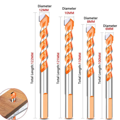 Triangular Tungsten Steel Drill Bit Featuring A Threaded Shank To Knock Out Clean Holes Through Concrete Marble Hardwood And Drywall, showing various sizes and diameters.
