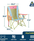 Sweet Tea Comfort Pro Rocker Outdoor Rocking Chair with Shoulder Strap, measures 25.2x35.6x38.8 inches, pink and blue design.