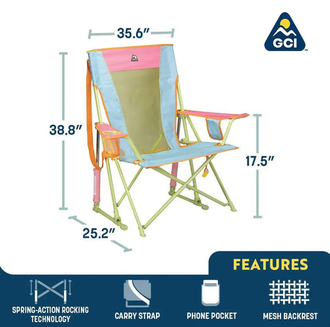 Sweet Tea Comfort Pro Rocker Outdoor Rocking Chair with Shoulder Strap, measures 25.2x35.6x38.8 inches, pink and blue design.
