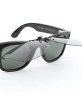 Polarized Clip On Lens For Meta Wayfarer Gen 2 Large 53 By 22 RW4008 RW4012 Shield Your Eyes From Sun Glare While You Stay Lookin Slick Cool And Fashionable Grey Discoloration Turns Black Clip On Accessory showing front view of clip-on with grey lens.