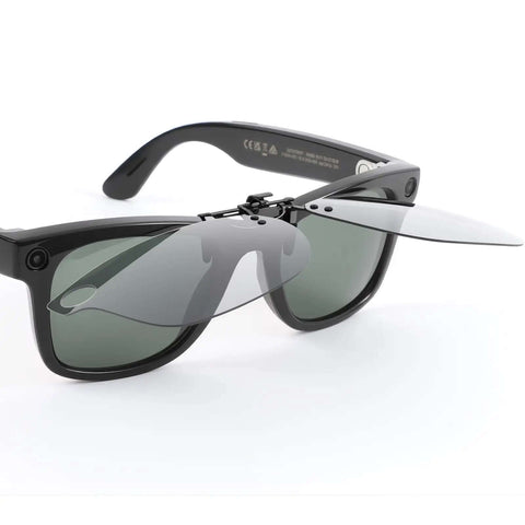 Polarized Clip On Lens For Meta Wayfarer Gen 2 Large 53 By 22 RW4008 RW4012 Shield Your Eyes From Sun Glare While You Stay Lookin Slick Cool And Fashionable Grey Discoloration Turns Black Clip On Accessory showing front view of clip-on with grey lens.