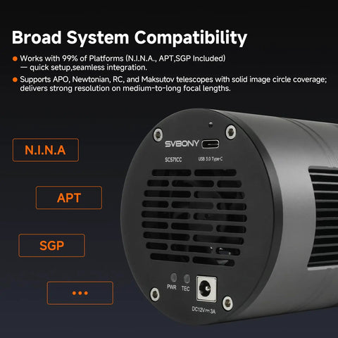 Close-up of All-In-One Deep Sky Astrophotography Gear With IMX571 APS-C Cooled Camera showing compatibility features.