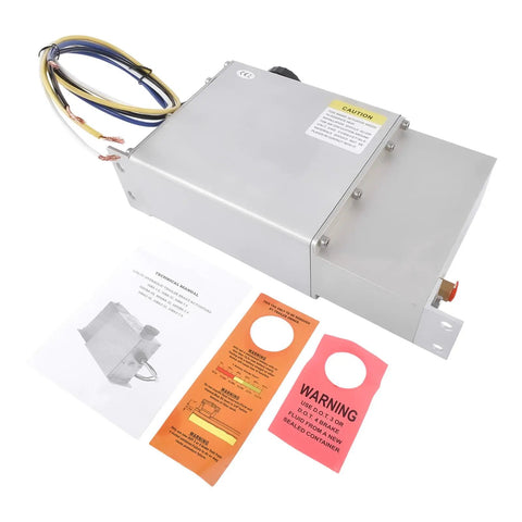 Heavy Duty Electric Over Hydraulic Brake Actuator Delivering Rock Solid 1600 Psi Stopping Power For Disc Trailer Brakes With No Sweat Four Wire Setup And Built In Bleeder Screw, aluminum frame with technical manual and warning tags.