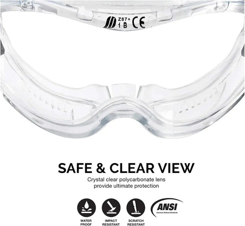 Close-up of Clear Protective Lab Safety Goggles For Chemistry And Work Anti Fog Splash Resistant Eye Gear With Indirect Vent ANSI 287.1