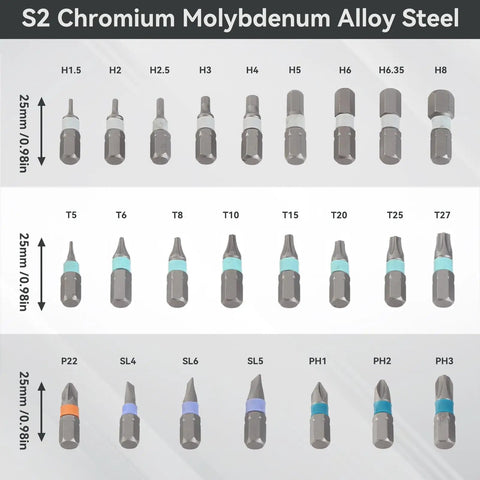 Image showing various sizes of bits from the 24 In 1 Magnetic Ratchet Screwdriver Set With Case And Detachable T Handle.