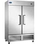 Rock Solid Stainless Steel Two Door Commercial Freezer 54 Inch Wide 49 Cubic Foot Reach In Unit with sleek design and dual handles.