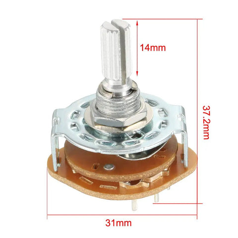 2 Pole 3 Position Rotary Switch Band Selector, 1 Deck, 8 Pins, 9mm Mounting Hole, 6mm Shaft, 14mm Shaft Length, side view