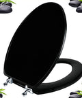 Elongated Black Wooden Toilet Seat With Zinc Alloy Hinges Easy To Install And Clean Scratch Resistant Durable Design Natural Wood Finish