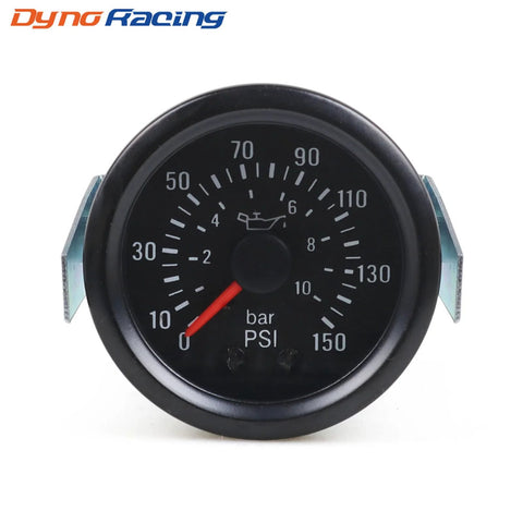 Dyno Racing 2-inch oil pressure gauge, mechanical, 0–150 PSI (0–10 Bar), NPT1/8 inlet.
