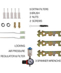 Kit components for Pro HVLP Gravity Feed Spray Gun Kit with nozzles, filters, spanner wrenches, and pressure regulator.