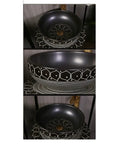 Retro Ceramic Vanity Wash Basin And Faucet Combo With Built In Soap Holder Scratch Resistant Low Splash Build, black ceramic sink with intricate design.