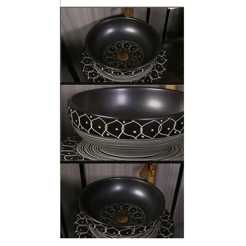 Retro Ceramic Vanity Wash Basin And Faucet Combo With Built In Soap Holder Scratch Resistant Low Splash Build, black ceramic sink with intricate design.