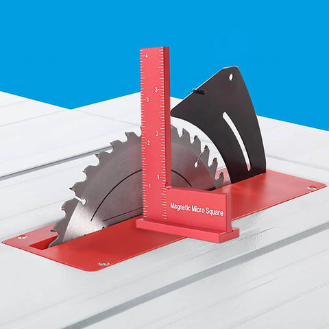 Magnetic Machinist Square With Dual Rare Earth Magnets For Hands Free Precision clamped to silver saw blade on red base