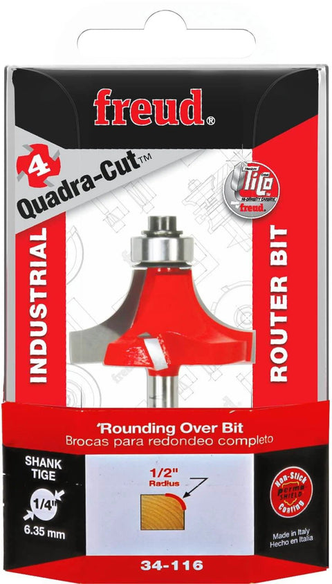 Freud Quadra Cut One Half Inch Radius Rounding Over Router Bit For Pro Woodworking With Four Flutes in packaging