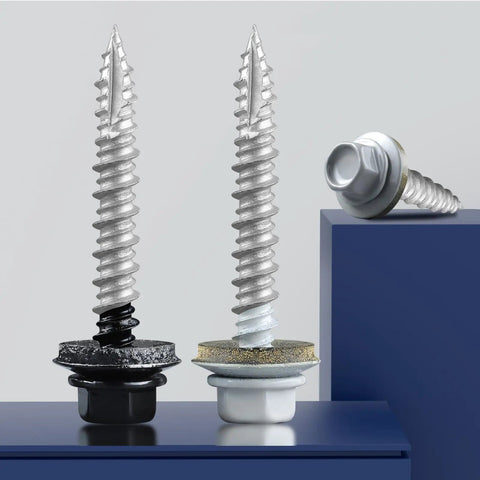 Heavy Duty Number 10 X 1 Inch Metal Roofing Screws Pack Of 80 Black Rustproof Hex Heads with neoprene washers displayed.