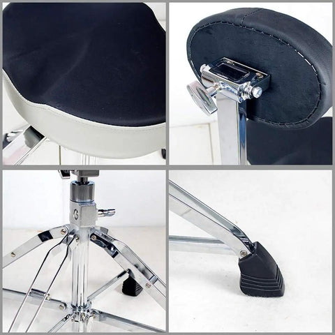 Heavy Duty Foldable Drum Stool With Padded Backrest And Height Adjustable Seat, Rock Solid Steel Frame, Anti Slip Rubber Feet, Tight Control For Piano Guitar Or Live Sessions, Black - close-up of adjustable seat and rubber feet.