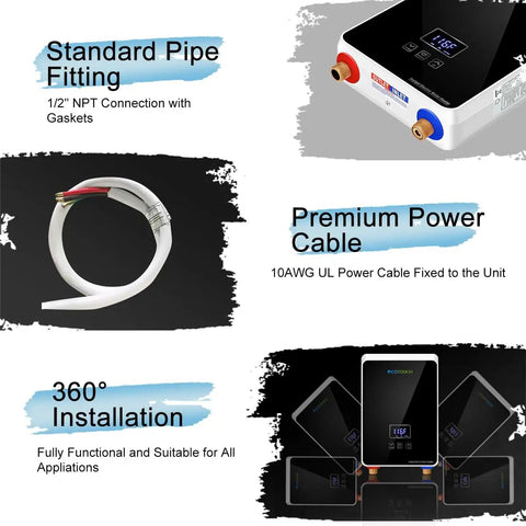 High Flow Tankless Water Heater 5.5kW 240V with digital display, standard pipe fitting, premium power cable, 360 installation guide.
