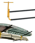 Yellow Kayak Ceiling Rack And Under Deck Garage Hanger For Two Kayaks And SUPs Adjustable Arm Storage Solution To Free Up Floor Space