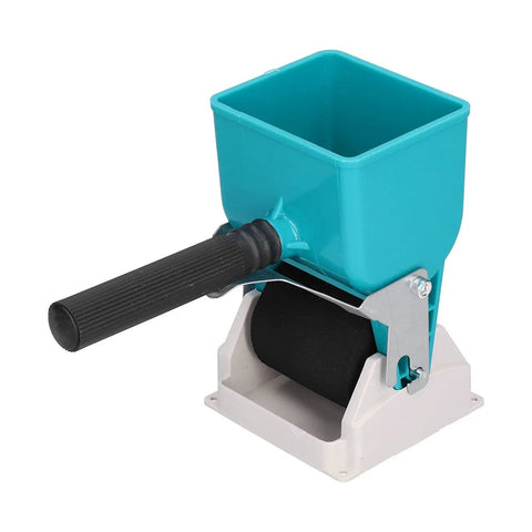Game Changing Manual Glue Spreader And Applicator Roller that works like a charm on latex veneer adhesives, with a blue container and black roller.