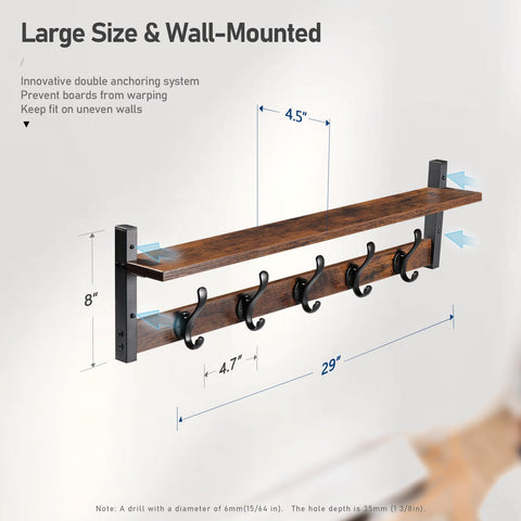 29 Inch Rustic Wall Coat Rack With Shelf And Hooks Entryway Organizer for Living Room Bedroom or Bathroom Heavy Duty Black Finish