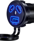 Heavy Duty Road Warrior Plug And Play Car Charger Dual Port Type C USB Socket with blue LED, waterproof design for 12V 24V use.