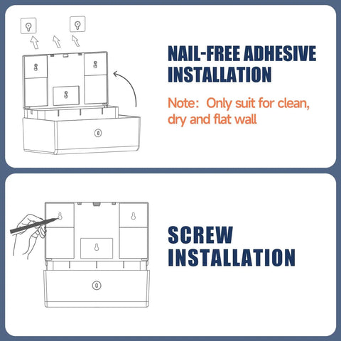 Installation guide for Heavy Duty 200 Sheet Multifold Paper Towel Dispenser with adhesive and screw options.