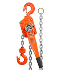 Front view of orange VEVOR manual lever chain hoist with 3-ton capacity, steel chain and hooks.