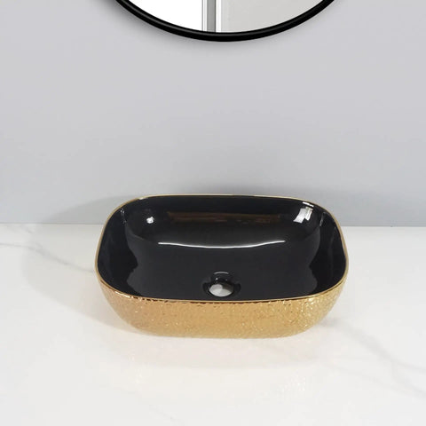 USZWBY Vessel Sinks Ceramic Vessel Sink Light Luxury Household Single Basin Art Bathroom Countertop Wash Bathroom Bowl Sink with black and gold design