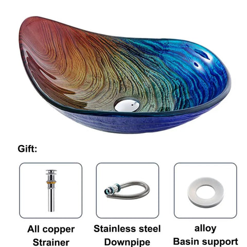 Slick Tempered Glass Vessel Bowls With Clean Striped Oval Shape For Your Modern Bathroom Vanity Counter Setup No Faucet Included, colorful bowl design.