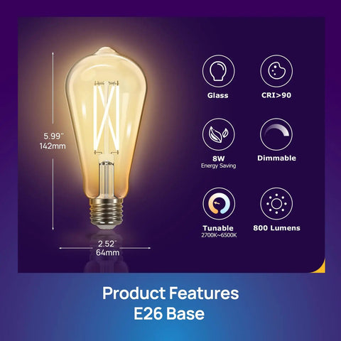 Smart Edison Bulbs Tunable Dimmable 2700K to 6500K Amber Warm and Cool White WiFi E26 LED Filament Bulbs 8W 800lm CRI 90 Plus