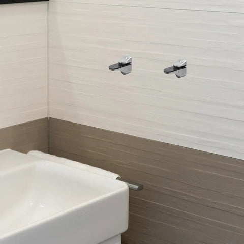 Sturdy Adjustable Glass Shelf Brackets Zinc Alloy Wall Mounts for bathrooms shown on tiled wall, sleek minimalist design