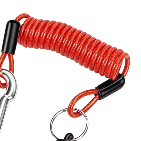 Close-up of red coiled Breakaway Cable For RV Trailers 4 Foot Or 6 Foot High Strength Flexible Towing Lanyard with metal hook.