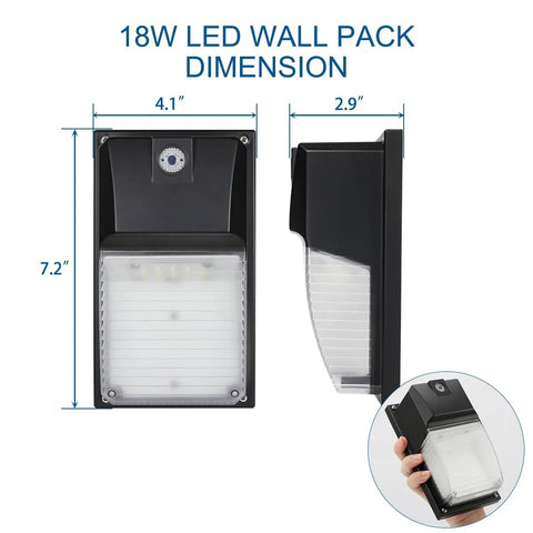 Dimensions of LED Wall Pack With Photocell Dusk To Dawn Outdoor Porch Light 18W 2160 Lumens viewed from front and side