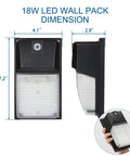18W LED Outdoor Wall Pack Light With Dusk To Dawn Sensor, 2160 Lumens, 5000K Daylight, IP65 Waterproof, dimensions shown.