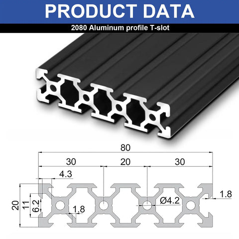 Diagram of Three Pack 2080 T Slot Aluminum Extrusion European Standard 500mm Length Anodized Aluminum profile with measurements