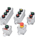 Set of aluminum IP65 explosion-proof push-button control boxes with 10A momentary start-stop switches and colored buttons.