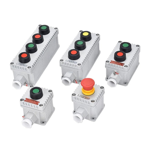 Set of aluminum IP65 explosion-proof push-button control boxes with 10A momentary start-stop switches and colored buttons.