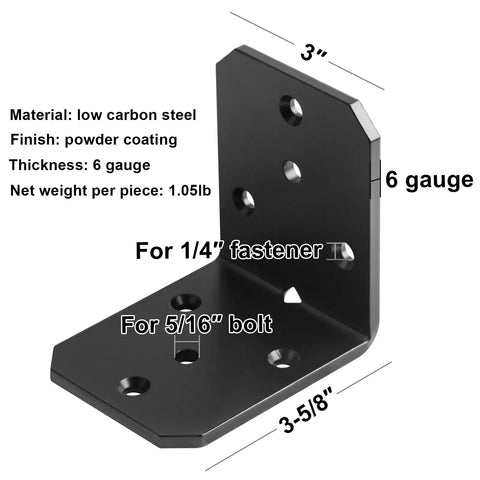 4 Pack Heavy Duty Steel L Brackets Corner Angle Braces For Deck Framing And Pergola Projects Tough As Nails Six Gauge Thickened Construction Hardware With Powder Coated Finish showing dimensions and specifications.