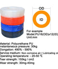 Durable Blue Polyurethane Air Hose For Compressors And Pneumatic Tools Built Tough Heavy Duty Tubing rolls stacked, various colors.