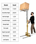 Heavy Duty Hand Crank Winch Stacker For Lifting Heavy Loads Smooth Manual Lift With Locking System 176 Lbs Steel Forks Factory Material Handler with a user lifting a box.