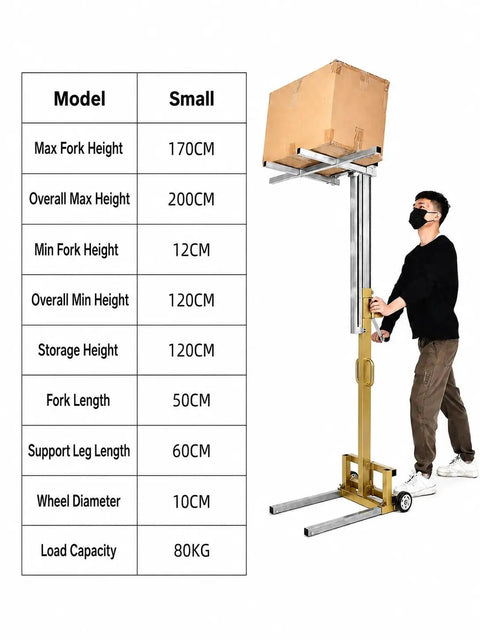 Heavy Duty Hand Crank Winch Stacker For Lifting Heavy Loads Smooth Manual Lift With Locking System 176 Lbs Steel Forks Factory Material Handler with a user lifting a box.