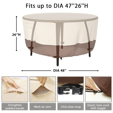 Beefy Heavy Duty Round Patio Table Cover For Outdoor Tables 48 Inch Diameter And 26 Inch Height Waterproof Weather Resistant UV Protected