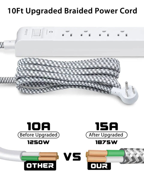 10 Ft Power Strip Surge Protector With Five Outlets And Three USB Ports, Flat Plug Extension Cord, 14 AWG Braided Cable