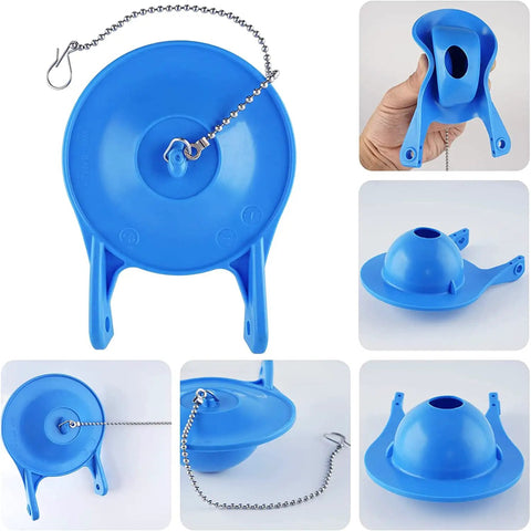 Two Pack 3 Inch Toilet Flappers Replacement For 99 788 Flush Valves, Water Saving High Performance Rubber Flapper With Stainless Steel Chain Hook, Easy Install, No Brainer Fit Blue shown in various angles and details.