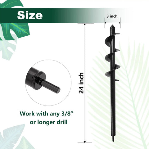 3x24 Inch Garden Auger Drill Bit for 3 by 8 Hex Drive, Heavy Duty Steel Planting Auger with 24-inch length and 3-inch width