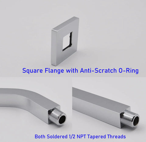 Square Shower Arm With Anti Scratch Flange, Solid Brass, 13 Inch Wall Mount Extension, 1/2 NPT Tapered Threads, Matte Black Finish