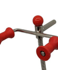 Close-up of 15 Inch Steering Wheel Holder Alignment Tool With Adjustable Height And Locking Switch showing red grips and metal rod