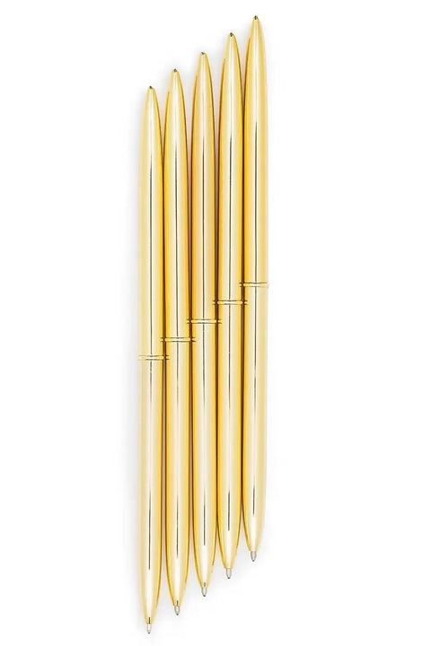 Premium Ballpoint Pen Set Of 6 In Glossy White Gift Box With Gold And Black Ink For Women And Men, gold pens displayed vertically