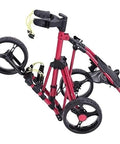 Lightweight Aluminum Golf Push Cart Foldable Three Wheel Trolley With Adjustable Handle, showing compact, red design with three wheels.